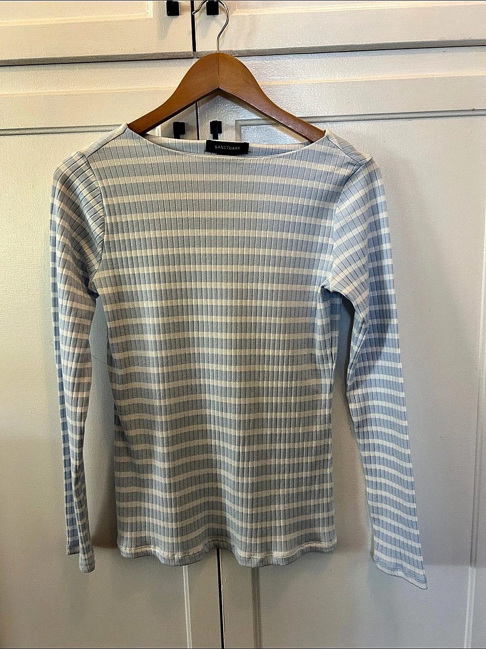 Sanctuary Boatneck Ribbed Top Striped Blue & White Medium